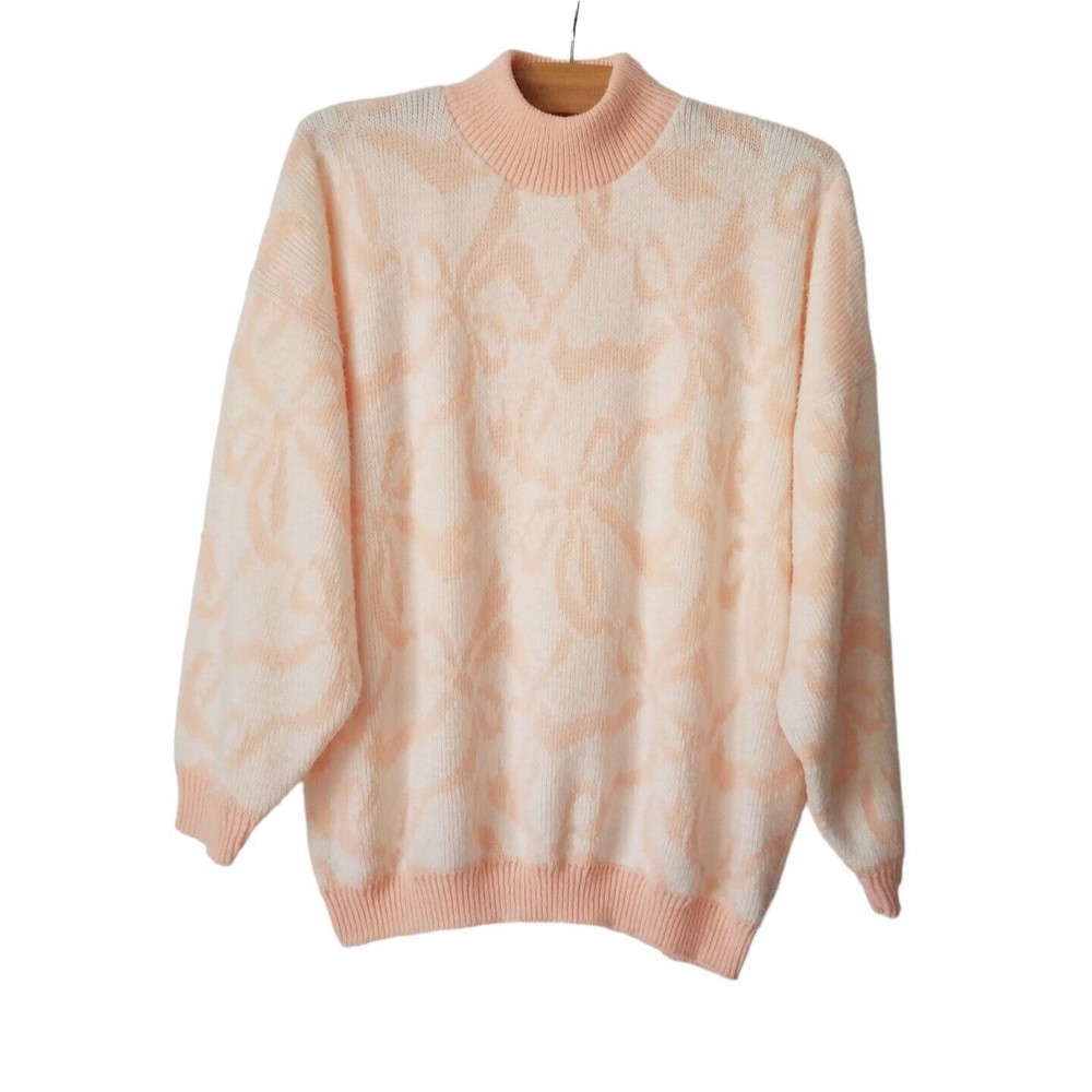 Vtg Classic Essential Womens L Pastel Floral Fluffy Sweater Peach White Enid